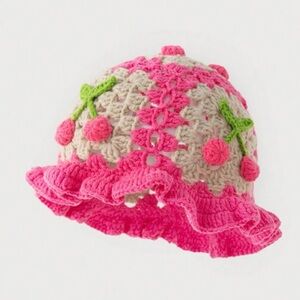 COPY - Handmade Crochet Bucket Hat Pink with cherries